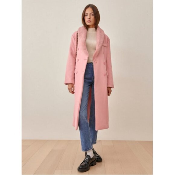 💕REFORMATION💕 Lester Coat ~ Faux Fur Shawl Collar Double Breasted Pink S NWT - Picture 3 of 15